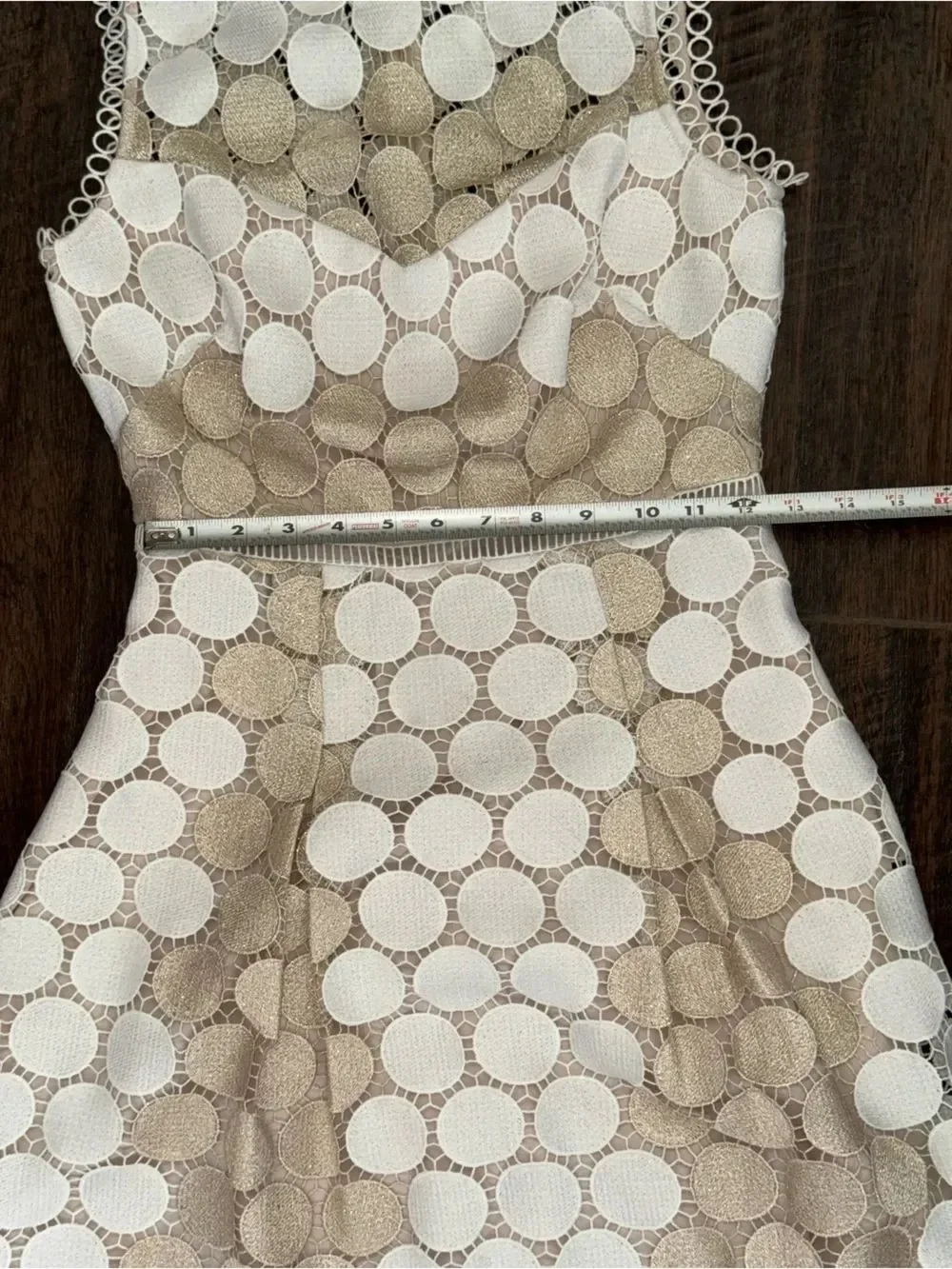 Shoshanna Glengarry Ivory Metallic Gold Circle Lace Midi Cocktail Dress